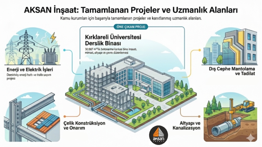 AKSAN İNŞAAT Tamamlanan Projeler ve Hizmet Alanları İnfografiği